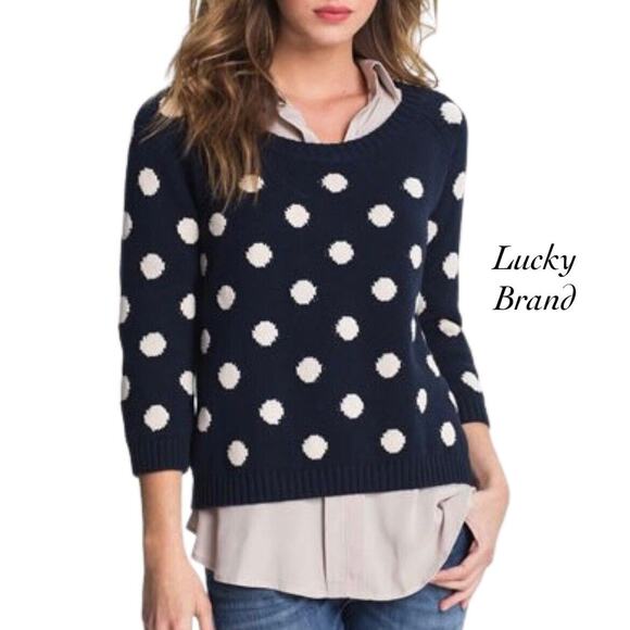 Lucky Brand Paula Blue Polka Dot 2/3 Sleeve Sweater Scoop Neck Size M - Picture 1 of 10